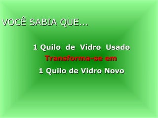 VOCÊ SABIA QUE...
VOCÊ SABIA QUE...
1 Quilo de Vidro Usado
1 Quilo de Vidro Usado
Transforma-se em
Transforma-se em
1 Quilo de Vidro Novo
1 Quilo de Vidro Novo
 