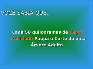 VOCÊ SABIA QUE...
VOCÊ SABIA QUE...
Cada 50 quilogramas de
Cada 50 quilogramas de Papel
Papel
Reciclado
Reciclado Poupa o Corte de uma
Poupa o Corte de uma
Árvore Adulta
Árvore Adulta
 