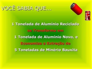 VOCÊ SABIA QUE...
VOCÊ SABIA QUE...
1 Tonelada de Alumínio Reciclado
1 Tonelada de Alumínio Reciclado
se Transforma em
se Transforma em
1 Tonelada de Alumínio Novo, e
1 Tonelada de Alumínio Novo, e
Economiza a Extração de
Economiza a Extração de
5 Toneladas de Minério Bauxita
5 Toneladas de Minério Bauxita
 