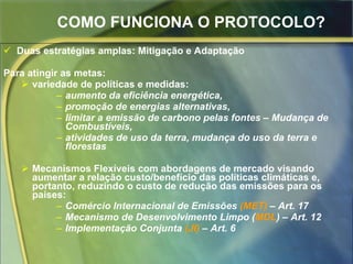 COMO FUNCIONA O PROTOCOLO? Duas estratégias amplas: Mitigação e Adaptação Para atingir as metas:  variedade de políticas e medidas: aumento da eficiência energética, promoção de energias alternativas, limitar a emissão de carbono pelas fontes – Mudança de Combustíveis, atividades de uso da terra, mudança do uso da terra e florestas  Mecanismos Flexíveis com abordagens de mercado visando aumentar a relação custo/benefício das políticas climáticas e, portanto, reduzindo o custo de redução das emissões para os países: Comércio Internacional de Emissões  (MET)  – Art. 17 Mecanismo de Desenvolvimento Limpo ( MDL ) – Art. 12 Implementação Conjunta  (JI)  – Art. 6 