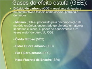 Gases do efeito estufa (GEE): Dióxido de carbono  (CO2) - resultante da queima de combustíveis fósseis como carvão, petróleo e derivados.  -  Metano  (CH4) - produzido pela decomposição da matéria orgânica, encontrado geralmente em aterros sanitários e lixões. O poder de aquecimento é 21 vezes maior do que o do CO2. -  Óxido Nitroso  (N2O)  - Hidro Flúor Carbono  (HFC)  -  Per Flúor Carbono  (PFC)  -  Hexa Fluoreto de Enxofre  (SF6) 