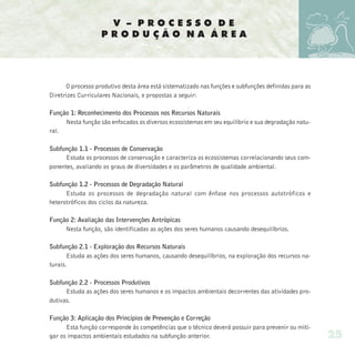 V – PROCESSO DE
                   PRODUÇÃO NA ÁREA




      O processo produtivo desta área está sistematizado nas funções e subfunções definidas para as
Diretrizes Curriculares Nacionais, e propostas a seguir:

Função 1: Reconhecimento dos Processos nos Recursos Naturais
     Nesta função são enfocados os diversos ecossistemas em seu equilíbrio e sua degradação natu-
ral.

Subfunção 1.1 - Processos de Conservação
     Estuda os processos de conservação e caracteriza os ecossistemas correlacionando seus com-
ponentes, avaliando os graus de diversidades e os parâmetros de qualidade ambiental.

Subfunção 1.2 - Processos de Degradação Natural
      Estuda os processos de degradação natural com ênfase nos processos autotróficos e
heterotróficos dos ciclos da natureza.

Função 2: Avaliação das Intervenções Antrópicas
     Nesta função, são identificadas as ações dos seres humanos causando desequilíbrios.

Subfunção 2.1 - Exploração dos Recursos Naturais
       Estuda as ações dos seres humanos, causando desequilíbrios, na exploração dos recursos na-
turais.

Subfunção 2.2 - Processos Produtivos
      Estuda as ações dos seres humanos e os impactos ambientais decorrentes das atividades pro-
dutivas.

Função 3: Aplicação dos Princípios de Prevenção e Correção
      Esta função corresponde às competências que o técnico deverá possuir para prevenir ou miti-
gar os impactos ambientais estudados na subfunção anterior.                                           25
 