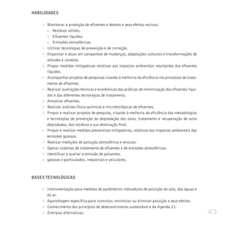HABILIDADES

    Ø Monitorar a produção de efluentes e dejetos e seus efeitos nocivos:
      – Resíduos sólidos.
      – Efluentes líquidos.
      – Emissões atmosféricas.
    Ø Utilizar tecnologias de prevenção e de correção.
    Ø Organizar e atuar em campanhas de mudanças, adaptações culturais e transformações de
      atitudes e conduta.
    Ø Propor medidas mitigadoras relativas aos impactos ambientais resultantes dos efluentes
      líquidos.
    Ø Acompanhar projetos de pesquisas visando à melhoria da eficiência nos processos de trata-
      mento de efluentes.
    Ø Realizar avaliações técnicas e econômicas das práticas de minimização dos efluentes líqui-
      dos e das diferentes tecnologias de tratamento.
    Ø Amostrar efluentes.
    Ø Realizar análises físico-químicas e microbiológicas de efluentes.
    Ø Propor e realizar projetos de pesquisa, visando à melhoria da eficiência das metodologias
      e tecnologias de prevenção da degradação dos solos, tratamento e recuperação de solos
      degradados, dos resíduos e sua destinação final.
    Ø Propor e realizar medidas preventivas mitigadoras, relativas aos impactos ambientais das
      emissões gasosas.
    Ø Realizar medições de poluição atmosférica e veicular.
    Ø Operar sistemas de tratamento de efluentes e de emissões atmosféricas.
    Ø Identificar e avaliar a emissão de poluentes.
    Ø gasosos e particulados, industriais e veiculares.



BASES TECNOLÓGICAS

    Ø Instrumentação para medidas de parâmetros indicadores de poluição do solo, das águas e
      do ar.
    Ø Aparelhagem específica para controlar, minimizar ou eliminar poluição e seus efeitos.
    Ø Conhecimento dos princípios de desenvolvimento sustentável e da Agenda 21.
    Ø Energias alternativas.                                                                       43
 