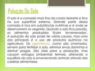 Poluição Do Solo
O solo é a camada mais fina da crosta terrestre e fica
na sua superfície externa. Grande parte dessa
camada é rica em substâncias nutritivas e é onde se
desenvolvem os vegetais. Quando o solo fica poluído,
os alimentos produzidos ficam 'envenenados'.
A poluição do solo pode ter várias causas, mas uma
das principais é o uso de produtos químicos na
agricultura. Os agrotóxicos, como são chamados,
servem para fertilizar o solo, eliminar ervas daninhas e
destruir pragas. São úteis para a produção, mas
causam estragos ambientais terríveis, alterando o
equilíbrio do solo e envenenando animais através das
cadeias alimentares.

 