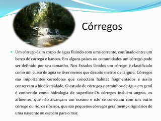 Córregos

 Um córrego é um corpo de água fluindo com uma corrente, confinado entre um
  berço de córrego e bancos. Em alguns países ou comunidades um córrego pode
  ser definido por seu tamanho. Nos Estados Unidos um córrego é classificado
  como um curso de água se tiver menos que dezoito metros de largura. Córregos
  são importantes corredores que conectam habitat fragmentados e assim
  conservam a biodiversidade. O estudo de córregos e caminhos de água em geral
  é conhecido como hidrologia de superfície.Os córregos incluem angras, os
  afluentes, que não alcançam um oceano e não se conectam com um outro
  córrego ou rio, os ribeiros, que são pequenos córregos geralmente originários de
  uma nascente ou escoam para o mar.
 
