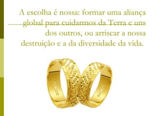 A escolha é nossa: formar uma aliança
 global para cuidarmos da Terra e uns
        dos outros, ou arriscar a nossa
destruição e a da diversidade da vida.
 