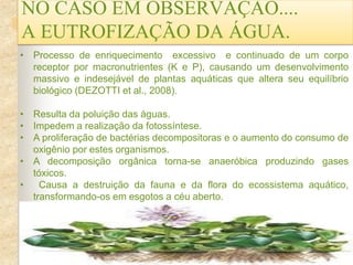 NO CASO EM OBSERVAÇÃO....
A EUTROFIZAÇÃO DA ÁGUA.
• Processo de enriquecimento excessivo e continuado de um corpo
receptor por macronutrientes (K e P), causando um desenvolvimento
massivo e indesejável de plantas aquáticas que altera seu equilíbrio
biológico (DEZOTTI et al., 2008).
• Resulta da poluição das águas.
• Impedem a realização da fotossíntese.
• A proliferação de bactérias decompositoras e o aumento do consumo de
oxigênio por estes organismos.
• A decomposição orgânica torna-se anaeróbica produzindo gases
tóxicos.
• Causa a destruição da fauna e da flora do ecossistema aquático,
transformando-os em esgotos a céu aberto.
 