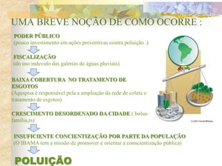 UMA BREVE NOÇÃO DE COMO OCORRE :
PODER PÚBLICO
(pouco investimento em ações preventivas contra poluição .)
FISCALIZAÇÃO
(do uso indevido das galerias de águas pluviais)
BAIXA COBERTURA NO TRATAMENTO DE
ESGOTOS
(Agespisa é responsável pela a ampliação da rede de coleta e
tratamento de esgotos)
CRESCIMENTO DESORDENADO DA CIDADE ( bolsa-
família,rs)
INSUFICIENTE CONCIENTIZAÇÃO POR PARTE DA POPULAÇÃO
(O IBAMA tem a missão de promover e orientar a conscientização pública)
POLUIÇÃO
 