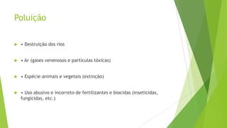 Poluição


• Destruição dos rios



• Ar (gases venenosos e partículas tóxicas)



• Espécie animais e vegetais (extinção)



• Uso abusivo e incorreto de fertilizantes e biocidas (inseticidas,
fungicidas, etc.)

 
