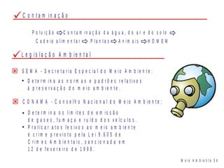 C o n t a m i n a ç ã o
C a d e i a a l i m e n t a r P l a n t a s A n i m a i s H O M E M
P o l u i ç ã o C o n t a m i n a ç ã o d a á g u a , d o a r e d o s o l o
L e g i s l a ç ã o A m b i e n t a l
S E M A - S e c r e t a r i a E s p e c i a l d o M e i o A m b i e n t e :
D e t e r m i n a a s n o r m a s e p a d r õ e s r e l a t i v o s
à p r e s e r v a ç ã o d o m e i o a m b i e n t e .
C O N A M A - C o n s e l h o N a c i o n a l d o M e i o A m b i e n t e :
D e t e r m i n a o s l i m i t e s d e e m i s s ã o
d e g a s e s , f u m a ç a e r u íd o d o s v e íc u l o s .
P r a t i c a r a t o s l e s i v o s a o m e i o a m b i e n t e
é c r i m e p r e v i s t o p e l a L e i 9 . 6 0 5 d e
C r i m e s A m b i e n t a i s , s a n c i o n a d a e m
1 2 d e f e v e r e i r o d e 1 9 9 8 .
M e i o A m b i e n t e 0 4
 