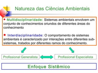  Multidisciplinaridade: Sistemas ambientais envolvem um
conjunto de conhecimentos oriundos de diferentes áreas do
conhecimento
 Interdisciplinaridade: O comportamento de sistemas
ambientais é caracterizado por interações entre diferentes sub-
sistemas, tratados por diferentes ramos do conhecimento.
Profissional Generalista Profissional Especialista
Enfoque Sistêmico
Natureza das Ciências Ambientais
 