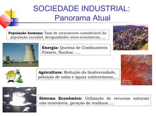 SOCIEDADE INDUSTRIAL:
Panorama Atual
Energia: Queima de Combustíveis
Fósseis, Nuclear, …
Sistema Econômico: Utilização de recursos naturais
não renováveis, geração de resíduos, ...
Agricultura: Redução da biodiversidade,
poluição de solos e águas subterrâneas,...
População humana: Taxa de crescimento considerável da
população mundial, desigualdades sócio-econômicas, …
 