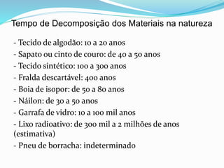 Tempo de Decomposição dos Materiais na natureza
- Tecido de algodão: 10 a 20 anos
- Sapato ou cinto de couro: de 40 a 50 anos
- Tecido sintético: 100 a 300 anos
- Fralda descartável: 400 anos
- Boia de isopor: de 50 a 80 anos
- Náilon: de 30 a 50 anos
- Garrafa de vidro: 10 a 100 mil anos
- Lixo radioativo: de 300 mil a 2 milhões de anos
(estimativa)
- Pneu de borracha: indeterminado
 