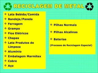  Lata Bebida/Comida
 Bandeja/Panela
 Ferragem
 Grampo
 Fios Elétricos
 Chapas
 Lata Produtos de
Limpeza
 Alumínio
 Embalagem Marmitex
 Cobre
 Aço
 Pilhas Normais
 Pilhas Alcalinas
 Baterias
(Processo de Reciclagem Especial)
 