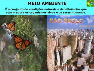 MEIO AMBIENTEMEIO AMBIENTE
É o conjunto de condições naturais e de influências que
atuam sobre os organismos vivos e os seres humanos.
 