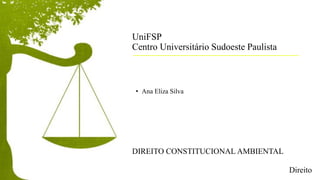 UniFSP
Centro Universitário Sudoeste Paulista
DIREITO CONSTITUCIONAL AMBIENTAL
• Ana Eliza Silva
Direito
 