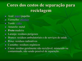 Cores dos cestos de separação para
reciclagem
 Azul: papel/papelão
 Vermelho: plástico
 Verde: vidro
 Amarelo: metal
 Preto:madeira
 Laranja: resíduos perigosos
 Branco: resíduos ambulatoriais e de serviços de saúde
 Roxo: resíduos radioativos
 Castanho: resíduos orgânicos
 Cinza: resíduo geralmente não reciclável, misturado ou
contaminado, não sendo possível de separação.
 