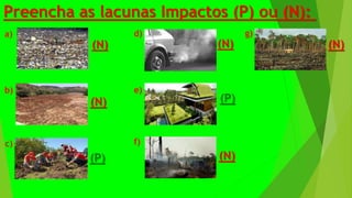 Preencha as lacunas Impactos (P) ou (N):
a)
b)
d)
c)
e)
f)
g)
(N)
(N)
(N)
(N) (N)
(P)
(P)
 