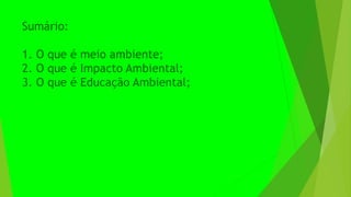 Sumário:
1. O que é meio ambiente;
2. O que é Impacto Ambiental;
3. O que é Educação Ambiental;
 