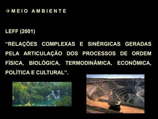  M E I O A M B I E N T E
LEFF (2001)
“RELAÇÕES COMPLEXAS E SINÉRGICAS GERADAS
PELA ARTICULAÇÃO DOS PROCESSOS DE ORDEM
FÍSICA, BIOLÓGICA, TERMODINÂMICA, ECONÔMICA,
POLÍTICA E CULTURAL”.
 
