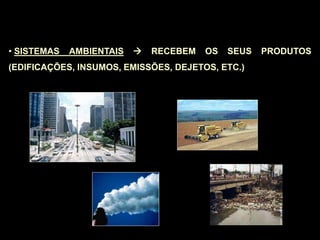 • SISTEMAS AMBIENTAIS  RECEBEM OS SEUS PRODUTOS
(EDIFICAÇÕES, INSUMOS, EMISSÕES, DEJETOS, ETC.)
 