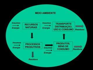 MEIO AMBIENTE
RECURSOS
NATURAIS
PROCESSOS
PRODUTIVOS
TRANSPORTE
DISTRIBUIÇÃO,
USO E CONSUMO
PRODUTOS,
BENS DE
CONSUMO
Insumos
Energia
Resíduos
Resíduos
Resíduos
Insumos
Energia
Insumos
Energia Insumos
Energia
 