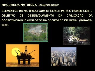 RECURSOS NATURAIS - CONCEITO BÁSICO
ELEMENTOS DA NATUREZA COM UTILIDADE PARA O HOMEM COM O
OBJETIVO DE DESENVOLVIMENTO DA CIVILIZAÇÃO, DA
SOBREVIVÊNCIA E CONFORTO DA SOCIEDADE EM GERAL (GODARD,
2002)
 