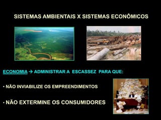 SISTEMAS AMBIENTAIS X SISTEMAS ECONÔMICOS
ECONOMIA  ADMINISTRAR A ESCASSEZ PARA QUE:
• NÃO INVIABILIZE OS EMPREENDIMENTOS
• NÃO EXTERMINE OS CONSUMIDORES
 