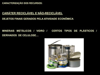CARACTERIZAÇÃO DOS RECURSOS:
CARÁTER RECICLÁVEL E NÃO-RECICLÁVEL
DEJETOS FINAIS GERADOS PELA ATIVIDADE ECONÔMICA
MINERAIS METÁLICOS / VIDRO / CERTOS TIPOS DE PLÁSTICOS /
DERIVADOS DE CELULOSE…
 