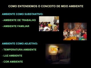 COMO ENTENDEMOS O CONCEITO DE MEIO AMBIENTE
AMBIENTE COMO SUBSTANTIVO:
- AMBIENTE DE TRABALHO
- AMBIENTE FAMILIAR
AMBIENTE COMO ADJETIVO:
- TEMPERATURA AMBIENTE
- LUZ AMBIENTE
- COR AMBIENTE
 
