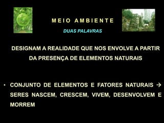 M E I O A M B I E N T E
DUAS PALAVRAS
DESIGNAM A REALIDADE QUE NOS ENVOLVE A PARTIR
DA PRESENÇA DE ELEMENTOS NATURAIS
• CONJUNTO DE ELEMENTOS E FATORES NATURAIS 
SERES NASCEM, CRESCEM, VIVEM, DESENVOLVEM E
MORREM
 