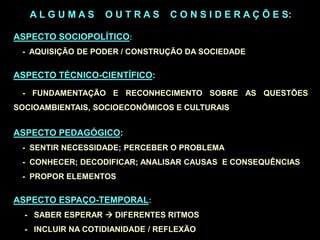 A L G U M A S O U T R A S C O N S I D E R A Ç Õ E S:
ASPECTO SOCIOPOLÍTICO:
- AQUISIÇÃO DE PODER / CONSTRUÇÃO DA SOCIEDADE
ASPECTO TÉCNICO-CIENTÍFICO:
- FUNDAMENTAÇÃO E RECONHECIMENTO SOBRE AS QUESTÕES
SOCIOAMBIENTAIS, SOCIOECONÔMICOS E CULTURAIS
ASPECTO PEDAGÓGICO:
- SENTIR NECESSIDADE; PERCEBER O PROBLEMA
- CONHECER; DECODIFICAR; ANALISAR CAUSAS E CONSEQUÊNCIAS
- PROPOR ELEMENTOS
ASPECTO ESPAÇO-TEMPORAL:
- SABER ESPERAR  DIFERENTES RITMOS
- INCLUIR NA COTIDIANIDADE / REFLEXÃO
 