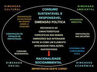 CONSUMO
SUSTENTÁVEL E
RESPONSÁVEL
DIMENSÃO POLÍTICA
ECONOMIA COM
COMPROMISSO
ÉTICO
CONSUMO
RESPONSÁVEL
PARTICIPAÇÃO
NAS DECISÕES
CONSTRUÇÃO DE
ESPAÇOS DE
PARTICIPAÇÃO
D I M E N S Ã O
C U L T U R A L
D I M E N S Ã O
S O C I A L
D I M E N S Ã O
E C O N Ô M I C A
D I M E N S Ã O
A M B I E N T A L
RACIONALIDADE
SOCIOAMBIENTAL
INTEGRIDADE
AMBIENTAL
ORGANIZAÇÃO
DA SOCIEDADE
NO DEBATE
SOBRE O
CONSUMO
RECONHECE AS
CARACTERÍSTICAS
ESPECÍFICAS DAS DEMAIS
DIMENSÕES QUE INTERAGEM
ENTRE SI COMO UM ELEMENTO
INTEGRADOR PARA AÇÕES
SUSTENTÁVEIS
IMPORTÂNCIA DESTE CURSO
 