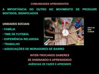 COMUNIDADES APRENDENTES
A IMPORTÂNCIA DO OUTRO NO MOVIMENTO DE PRODUZIR
SENTIDOS, SIGNIFICADOS
UNIDADES SOCIAIS:
• FAMÍLIA
• TIME DE FUTEBOL
• EXPERIÊNCIA RELIGIOSA
• TRABALHO
• ASSOCIAÇÕES DE MORADORES DE BAIRRO
INTER-TROCANDO SABERES
SE ENSINANDO E APRENDENDO
AGÊNCIAS DE FAZER E APRENDER
IDEIA DE
BEM
COMUM
 
