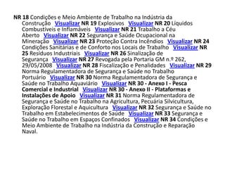 NR 18 Condições e Meio Ambiente de Trabalho na Indústria da
   Construção Visualizar NR 19 Explosivos Visualizar NR 20 Líquidos
   Combustíveis e Inflamáveis Visualizar NR 21 Trabalho a Céu
   Aberto Visualizar NR 22 Segurança e Saúde Ocupacional na
   Mineração Visualizar NR 23 Proteção Contra Incêndios Visualizar NR 24
   Condições Sanitárias e de Conforto nos Locais de Trabalho Visualizar NR
   25 Resíduos Industriais Visualizar NR 26 Sinalização de
   Segurança Visualizar NR 27 Revogada pela Portaria GM n.º 262,
   29/05/2008 Visualizar NR 28 Fiscalização e Penalidades Visualizar NR 29
   Norma Regulamentadora de Segurança e Saúde no Trabalho
   Portuário Visualizar NR 30 Norma Regulamentadora de Segurança e
   Saúde no Trabalho Aquaviário Visualizar NR 30 - Anexo I - Pesca
   Comercial e Industrial Visualizar NR 30 - Anexo II - Plataformas e
   Instalações de Apoio Visualizar NR 31 Norma Regulamentadora de
   Segurança e Saúde no Trabalho na Agricultura, Pecuária Silvicultura,
   Exploração Florestal e Aquicultura Visualizar NR 32 Segurança e Saúde no
   Trabalho em Estabelecimentos de Saúde Visualizar NR 33 Segurança e
   Saúde no Trabalho em Espaços Confinados Visualizar NR 34 Condições e
   Meio Ambiente de Trabalho na Indústria da Construção e Reparação
   Naval.
 