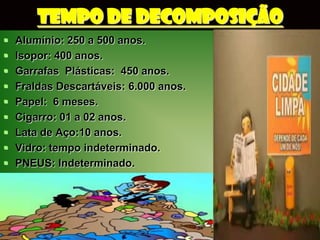 TEMPO DE DECOMPOSIÇÃO
   Alumínio: 250 a 500 anos.
   Isopor: 400 anos.
   Garrafas Plásticas: 450 anos.
   Fraldas Descartáveis: 6.000 anos.
   Papel: 6 meses.
   Cigarro: 01 a 02 anos.
   Lata de Aço:10 anos.
   Vidro: tempo indeterminado.
   PNEUS: Indeterminado.
 