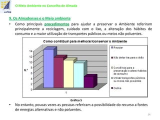 O Meio Ambiente no Concelho de Almada
9. Os Almadenses e o Meio ambiente
• Como principais procedimentos para ajudar a preservar o Ambiente referiram
principalmente a reciclagem, cuidado com o lixo, a alteração dos hábitos de
consumo e a maior utilização de transportes públicos ou meios não poluentes.
• No entanto, poucas vezes as pessoas referiram a possibilidade do recurso a fontes
de energias alternativas e não poluentes.
Gráfico 5
24
 
