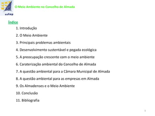 O Meio Ambiente no Concelho de Almada
Índice
1. Introdução
2. O Meio Ambiente
3. Principais problemas ambientais
4. Desenvolvimento sustentável e pegada ecológica
5. A preocupação crescente com o meio ambiente
6. Caraterização ambiental do Concelho de Almada
7. A questão ambiental para a Câmara Municipal de Almada
8. A questão ambiental para as empresas em Almada
9. Os Almadenses e o Meio Ambiente
10. Conclusão
11. Bibliografia
3
 
