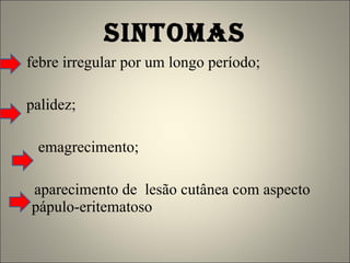 sintomas febre irregular por um longo período;  palidez;  emagrecimento; aparecimento de  lesão cutânea com aspecto pápulo-eritematoso  