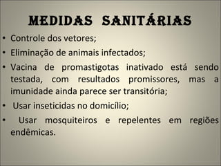 MEDIDAS  SANITÁRIAS Controle dos vetores; Eliminação de animais infectados; Vacina de promastigotas inativado está sendo testada, com resultados promissores, mas a imunidade ainda parece ser transitória; Usar inseticidas no domicílio; Usar mosquiteiros e repelentes em regiões endêmicas. 