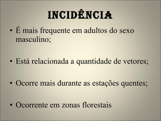 INCIDÊNCIA É mais frequente em adultos do sexo masculino; Está relacionada a quantidade de vetores; Ocorre mais durante as estações quentes; Ocorrente em zonas florestais  