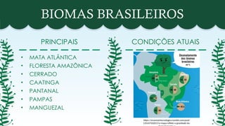 BIOMAS BRASILEIROS
PRINCIPAIS CONDIÇÕES ATUAIS
• MATA ATLÂNTICA
• FLORESTA AMAZÔNICA
• CERRADO
• CAATINGA
• PANTANAL
• PAMPAS
• MANGUEZAL
https://arvoresertecnologico.tumblr.com/post/
135247332017/o-mapa-reflete-a-gravidade-do-
 