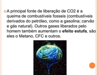 A principal fonte de liberação de CO2 é a queima de combustíveis fosseis (combustíveis derivados do petróleo, como a gasolina; carvão e gás natural). Outros gases liberados pelo homem também aumentam o efeito estufa, são eles o Metano, CFC e outros.