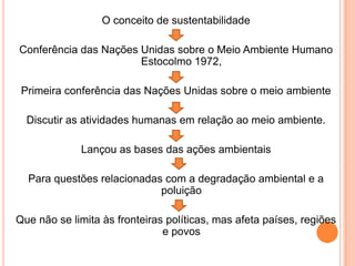 O conceito de sustentabilidade Conferência das Nações Unidas sobre o Meio Ambiente Humano Estocolmo 1972, Primeira conferência das Nações Unidas sobre o meio ambiente Discutir as atividades humanas em relação ao meio ambiente. Lançou as bases das ações ambientais Para questões relacionadas com a degradação ambiental e a poluição Que não se limita às fronteiras políticas, mas afeta países, regiões e povos