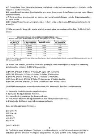 a) O Protocolo de Kyoto foi uma tentativa de estabelecer a redução dos gases causadores do efeito estufa
nos países subdesenvolvidos.
b) A oposição contra um acordo antipoluição vem agora de um grupo de nações emergentes, que estão em
desenvolvimento.
c) A China resiste ao acordo, pois é um país que apresenta baixos índices de emissão de gases causadores
do efeito estufa.
d) Os Estados Unidos fizeram uma promessa de reduzir, ainda nesta década, 80% dos gases lançados na
atmosfera.

(FEI) Para responder à questão, analise a tabela a seguir sobre a emissão anual de Gases de Efeito Estufa
(GEEs):




Fonte: United Nations Statistics Division, Millennium Development Goals indicators: Carbon dioxide emissions (CO2), thousand metric tons of
CO2 (collected by CDIAC).


De acordo com a tabela, assinale a alternativa que expõe corretamente posição dos países no ranking
global anual de emissões de CO2 antropogênico:

a) 1º-EUA, 2º-Brasil, 3º-China, 4º-Rússia, 5º-Japão e 6º-Alemanha.
b) 1º-EUA, 2º-Rússia, 3º-China, 4º-Japão, 5º-Índia e 6º-Alemanha.
c) 1º-China, 2º-EUA, 3º-Rússia, 4º-Índia, 5º-Japão e 6º-Alemanha.
d) 1º-China, 2º-Brasil, 3º-EUA, 4º-Índia, 5º-Alemanha e 6º-Arábia Saudita.
e) 1º-EUA, 2º-China, 3º-Rússia, 4º-Índia, 5º-Alemanha e 6º-Arábia Saudita.

(UNESP) Muitas espécies no mundo estão ameaçadas de extinção. Esse fato também se deve

I. à destruição dos hábitats naturais pelos homens.
II. à poluição das águas doces e marinhas.
III. à elevação da temperatura das águas oceânicas.
IV. ao aumento da acidez das águas oceânicas pela elevação dos níveis de CO2.
V. à localização de ilhas de calor sobre áreas agricultáveis.

Estão corretas apenas as afirmações:

a) I, II, III e IV.
b) I, II, IV e V.
d) III e IV.
e) II, III e V.
e) I, IV e V.

(MACKENZIE-SP)
                                                      I
Na Conferência sobre Mudanças Climáticas, ocorrida em Poznan, na Polônia, em dezembro de 2008, a
atitude do governo brasileiro foi elogiada ao apresentar um plano que tem como meta principal a
 