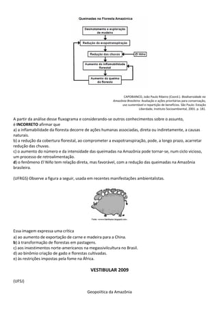 CAPOBIANCO, João Paulo Ribeiro (Coord.). Biodiversidade na
                                                       Amazônia Brasileira: Avaliação e ações prioritárias para conservação,
                                                            uso sustentável e repartição de benefícios. São Paulo: Estação
                                                                         Liberdade, Instituto Socioambiental, 2001. p. 181.


A partir da análise desse fluxograma e considerando-se outros conhecimentos sobre o assunto,
é INCORRETO afirmar que
a) a inflamabilidade da floresta decorre de ações humanas associadas, direta ou indiretamente, a causas
naturais.
b) a redução da cobertura florestal, ao comprometer a evapotranspiração, pode, a longo prazo, acarretar
redução das chuvas.
c) o aumento do número e da intensidade das queimadas na Amazônia pode tornar-se, num ciclo vicioso,
um processo de retroalimentação.
d) o fenômeno El Niño tem relação direta, mas favorável, com a redução das queimadas na Amazônia
brasileira.

(UFRGS) Observe a figura a seguir, usada em recentes manifestações ambientalistas.




Essa imagem expressa uma crítica
a) ao aumento de exportação de carne e madeira para a China.
b) à transformação de florestas em pastagens.
c) aos investimentos norte-americanos na megassivilcultura no Brasil.
d) ao binômio criação de gado e florestas cultivadas.
e) às restrições impostas pela fome na África.

                                          VESTIBULAR 2009

(UFSJ)

                                        Geopoiítica da Amazônia
 