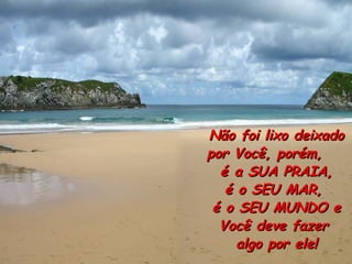 Não foi lixo deixado por Você, porém,  é a SUA PRAIA,  é o SEU MAR,  é o SEU MUNDO e Você deve fazer  algo por ele! 