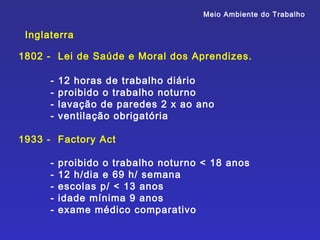 Meio Ambiente do Trabalho


 Inglaterra

1802 - Lei de Saúde e Moral dos Aprendizes.

      -   12 horas de trabalho diário
      -   proibido o trabalho noturno
      -   lavação de paredes 2 x ao ano
      -   ventilação obrigatória

1933 - Factory Act

      -   proibido o trabalho noturno < 18 anos
      -   12 h/dia e 69 h/ semana
      -   escolas p/ < 13 anos
      -   idade mínima 9 anos
      -   exame médico comparativo
 