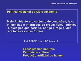 Meio Ambiente do Trabalho



Política Nacional do Meio Ambiente


Meio Ambiente é o conjunto de condições, leis,
influências e interações de ordem física, química
 e biológica que permite, abriga e rege a vida
 em todas as suas formas.


            Lei 6.938/81, art. 3º, inciso I


           Ecossistemas naturais
           Patrimônio cultural
           Produção artificial do homem
 