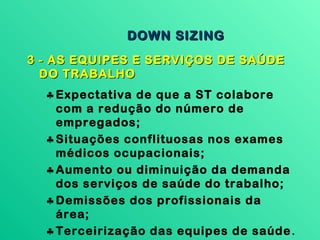 DOWN SIZING
3 - AS EQUIPES E SERVIÇOS DE SAÚDE
  DO TRABALHO
  ♣ Expectativa de que a ST colabore
    com a redução do número de
    empregados;
  ♣ Situações conflituosas nos exames
    médicos ocupacionais;
  ♣ Aumento ou diminuição da demanda
    dos serviços de saúde do trabalho;
  ♣ Demissões dos profissionais da
    área;
  ♣ Terceirização das equipes de saúde .
 